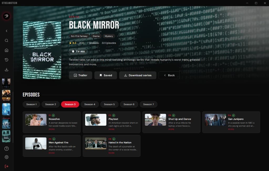 StreamStein series page showing Black Mirror seasons and episodes