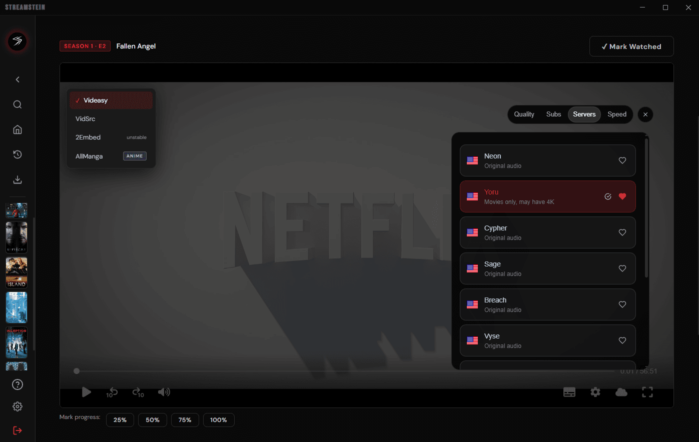 StreamStein playback options showing servers, subtitles, speed, and quality controls