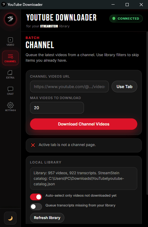StreamStein YouTube Downloader extension — batch channel download tab