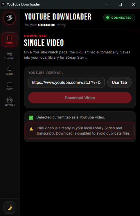 StreamStein YouTube Downloader extension — single video download tab