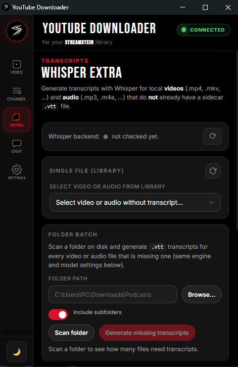 StreamStein YouTube Downloader extension — Whisper transcript tools