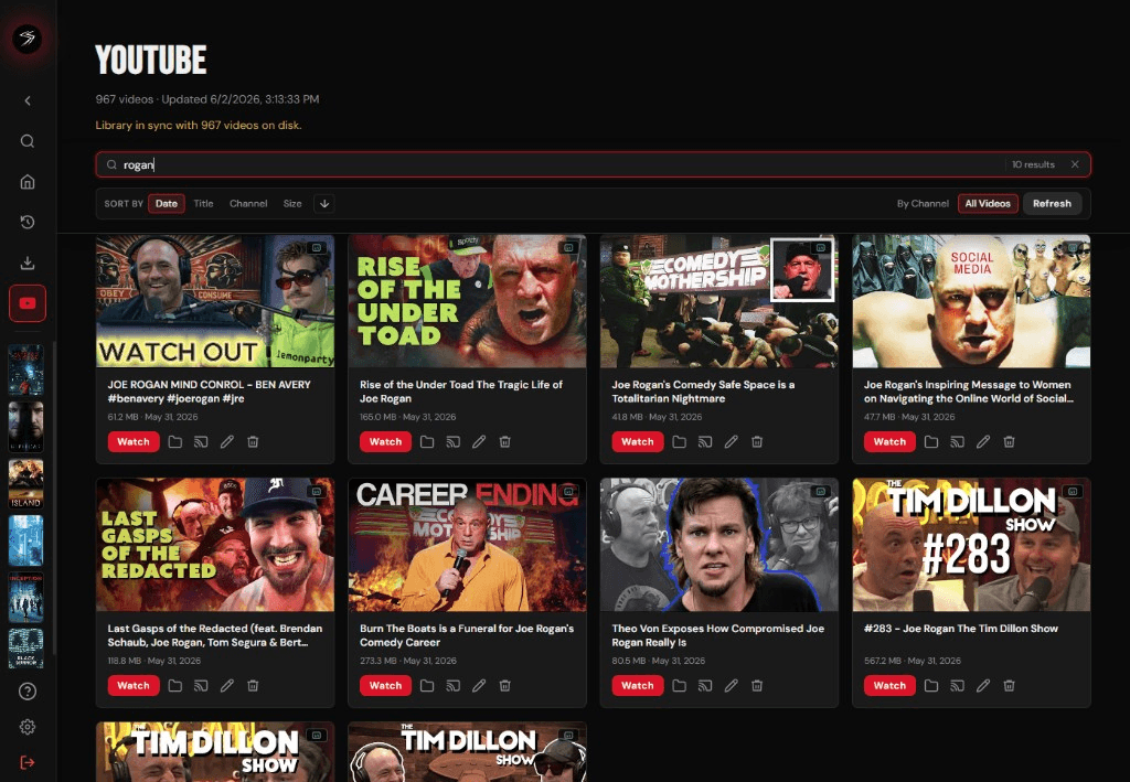 StreamStein YouTube library with downloaded videos, search, sort, and watch controls